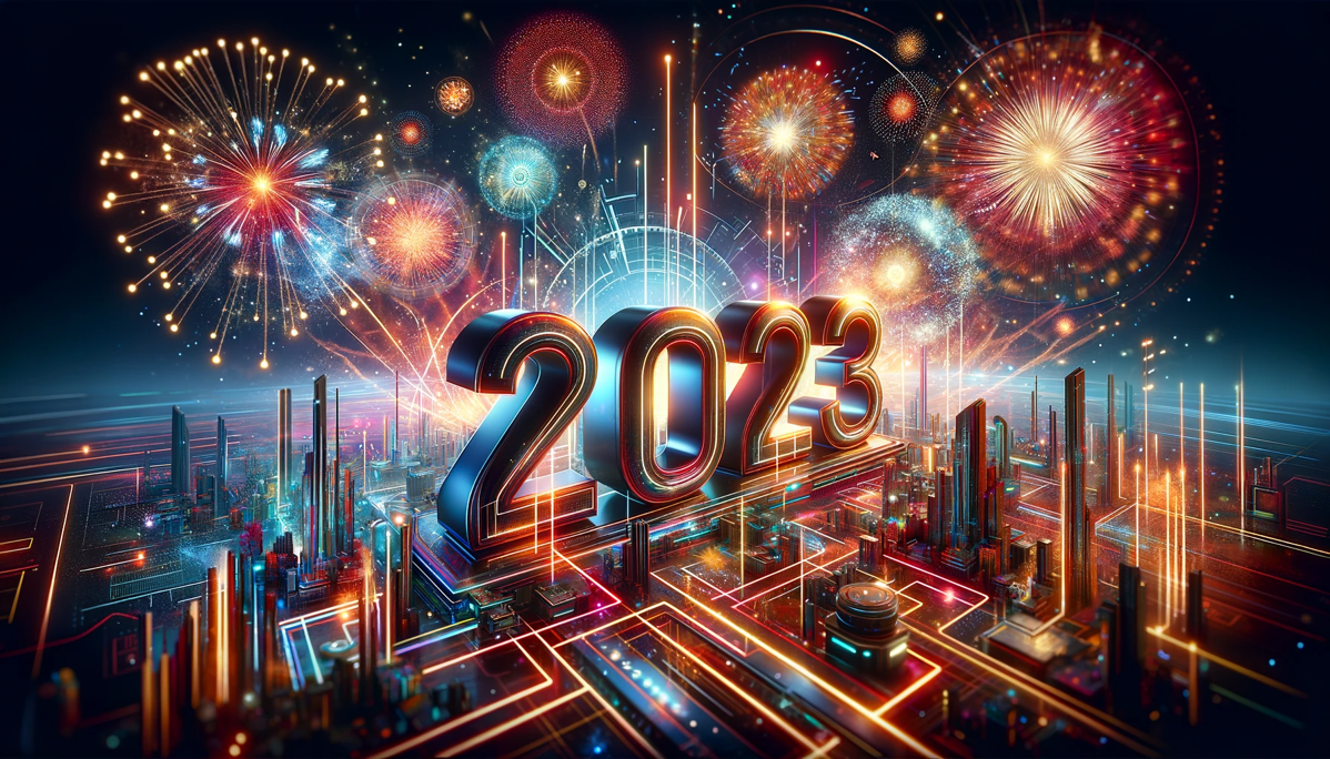 DALL E 2023 12 29 18 57 27  An image with a festive and futuristic theme prominently featuring the numbers  2023 to represent the year The composition should include elements